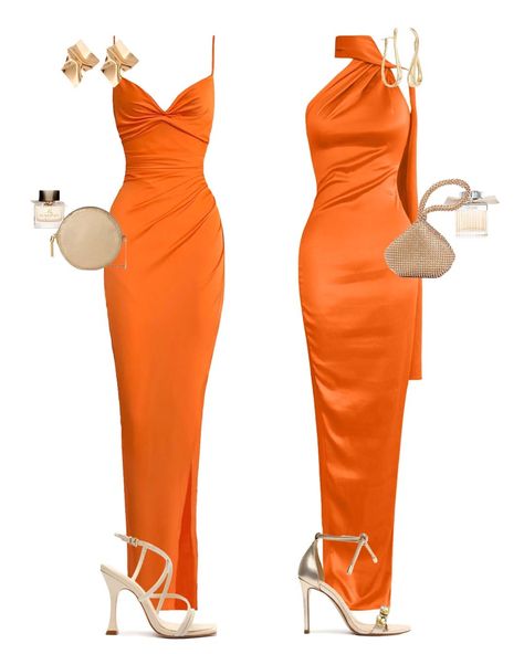 Orange Dress Elegant, Orange Classy Dress, Orange Dresses Wedding, Orange Gowns Elegant, Orange Soiree Dresses, Orange Elegant Dresses, Orange Classy Outfits, Orange Formal Outfit, Orange Dress Outfit Ideas