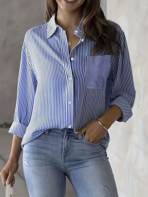Faster shipping. Better service Manche, Striped Shirt Women, Women Office, Casual Long Sleeve Shirts, Pocket Shirt, Collar Blouse, Button Front Shirt, Plus Size Casual, Casual Blouse