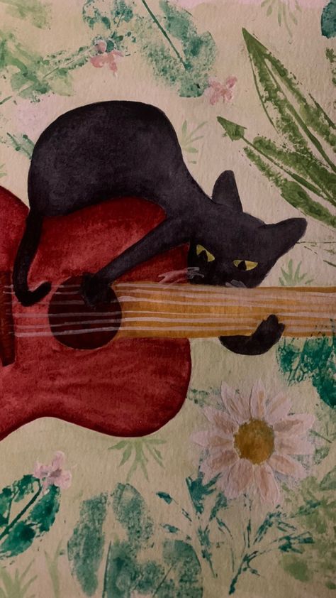 Tumblr, Cat With Guitar Drawing, Cat Playing Guitar Drawing, Aestethic Drawings, Cat And Guitar, Cat With Guitar, Drawing Guitar, Cat Guitar, Cat Playing Guitar
