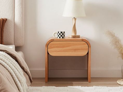 Bedside Tables and Drawers - White, Wooden & More – Lifely Organic Bedside Table, Boho Bedside Tables, Night Stand Ideas, Curved Bedside Table, Cool Bedside Tables, Boho Bedside Table, Sydney Apartment, Bedroom 2022, Oak Bedside Table