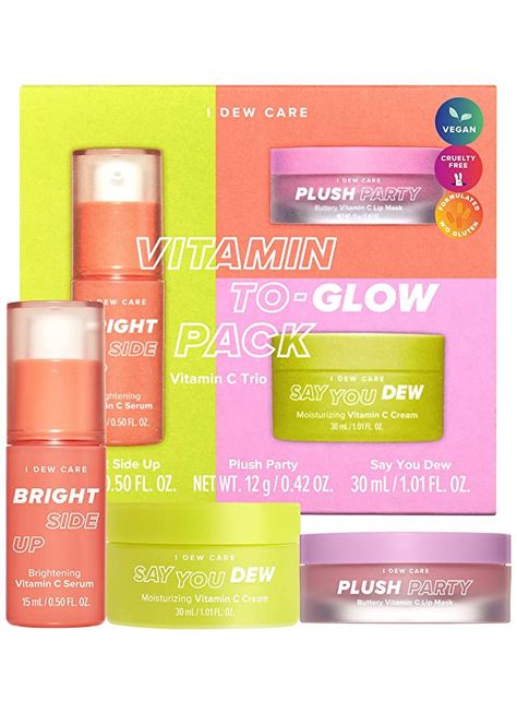 Amazon.com: I Dew Care Skincare Set - Vitamin To Glow Pack | Illuminating Vitamin C Trio with Niacinamide, Travel Size, Cream, Lip Mask, Serum : Beauty & Personal Care Spa Day Gift, I Dew Care, Spa Day Gifts, Vitamin C Cream, Serum Cream, Peach And Lily, Moisturizing Serum, Cream Concealer, Effective Skin Care Products