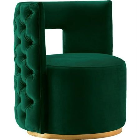 Complement your contemporary decor with this Theo Green Velvet Accent Chair from Meridian Furniture. Featuring a contemporary design with button tufting on the back, this chair is sure to immediately draw the eyes of all who enter your home. Rich green velvet upholstery makes this chair luxurious to sit in, and the opening in its back ensures ample air flow while you curl up with your favorite book or in front of the TV. Its gold swivel base accentuates its velvety dark color, while allowing you Swivel Club Chairs, Latest Living Room Designs, Modern Recliner, Living Room Decor Gray, Velvet Accents, Velvet Accent Chair, Swivel Accent Chair, Swivel Barrel Chair, Meridian Furniture