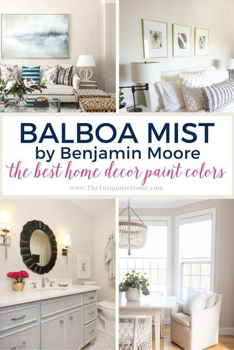 For today’s color spotlight, we’re talking about how you can use Benjamin Moore Balboa Mist in your home. This warm gray can work in many different settings, from kitchen cabinets to your guest bedroom. Learn what you can expect should you grab a paint roller and a can of Balboa Mist paint color! Mist Paint Color, Balboa Mist Benjamin Moore, Benjamin Moore Balboa Mist, Color Spotlight, Sage Green Paint Color, Balboa Mist, Light Grey Paint Colors, Most Popular Paint Colors, Sage Green Paint