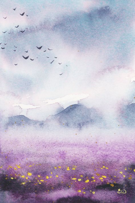 Watercolor and gouache painting of a landscape with foggy mountains and a purple field with yellow flowers. Purple Yellow Landscape, Fine Watercolor Art, Calming Watercolor Painting, Watercolor Foggy Landscape, Fantasy Landscape Watercolor, Spring Watercolor Painting Ideas, Abstract Watercolor Landscape Paintings, Foggy Landscape Painting, Cloud Watercolor Paintings