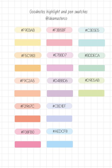 Organisation, Good Notes Hex Codes Pastel, Good Note Color Palette, Pastel Hex Codes Google Calendar, Good Notes Hex Codes Pen, Note Color Schemes, Apple Calendar Color Palette, Google Calendar Color Scheme Aesthetic Hex Codes, Digital Planner Color Palette