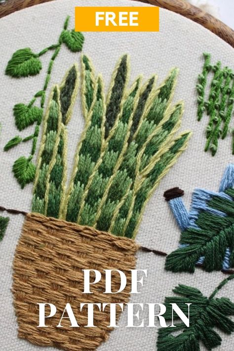 5 Free Plant Embroidery Patterns For Green Thumbs - Crewel Ghoul Hanging Plant Embroidery, Embroidery Pdf Patterns Free, Embroidery Shading, Plant Embroidery Pattern, Embroidered Plants, Embroidery Patterns Free Templates, Too Many Plants, Large Embroidery Hoop, Plants Embroidery