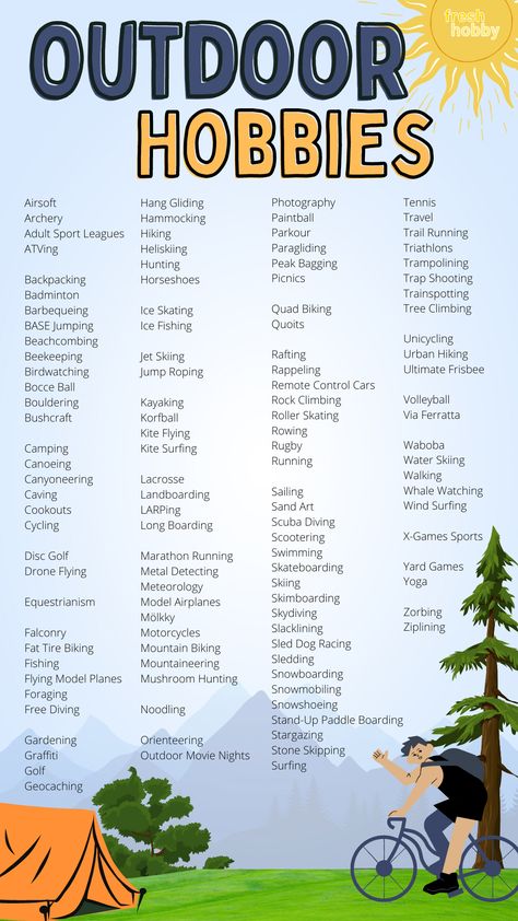 list of outdoor hobbies against blue background, camping, biker in the foreground, mountains in the distance.  hobby ideas for outdoorsy folks Favorite Hobbies List, Adventure Things To Do, Hobbies To Keep You In Shape, Fun New Hobbies To Try, Outdoor Hobbies For Women, Hobbies For Introverts, 5 Hobbies You Need, Outside Activities For Adults, Hobbies Challenge