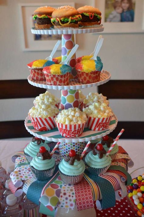 Circus / Carnival Birthday Party Ideas | Photo 8 of 22 | Catch My Party Burger Cupcakes, Carnival Birthday Party Ideas, Carnival Cupcakes, Popcorn Cupcakes, Carnival Baby Showers, Carnival Cakes, Carnival Birthday Party Theme, Carnival Birthday Party, Ice Cream Cupcakes