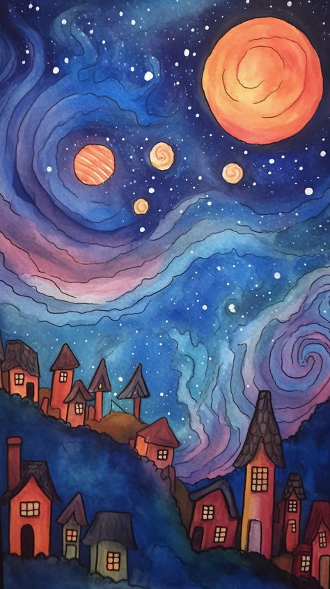 Dreamy Art Watercolor, Whimsical Night Art, Cute Sky Drawing, Cozy Art Style, Whimsical Digital Art, Whimsical Art Paintings Bright Colors, Whimsical Moon Art, Whimsical Folk Art, Landscape Paintings Night