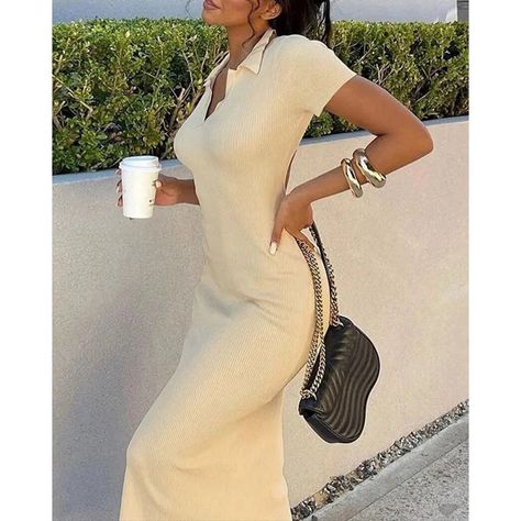 Ribbed Maxi Dress with Collar, Short Sleeves, Cut out Back with Tie. Available in Black and Cream. Sizes XS-2XL. Standard Delivery 3 Weeks Basic Bodycon Dress, Modele Fitness, Wrapped Skirt, Midi Dress Fall, Bodycon Maxi Dresses, Neck Bodycon Dress, Body Con Dress, Maxi Robes, Modieuze Outfits