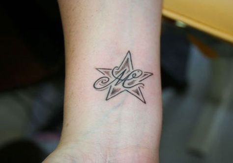 Like the star with an initial but I would do color! Letter M Tattoos, Initial Tattoo Designs, Initial Wrist Tattoos, Diy Tattoo Permanent, M Tattoos, Free Tattoo Designs, Cool Wrist Tattoos, Tattoo Pictures, Wrist Tattoos For Guys