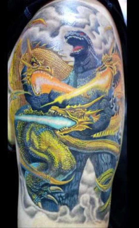 30 Seriously Good Godzilla Tattoos (30 photos) Gojira Tattoo, Godzilla Tattoo, Drum Tattoo, Godzilla Collection, Coordinates Tattoo, Pop Art Tattoos, Cartoon Meme, Gorilla Tattoo, Sagittarius Tattoo