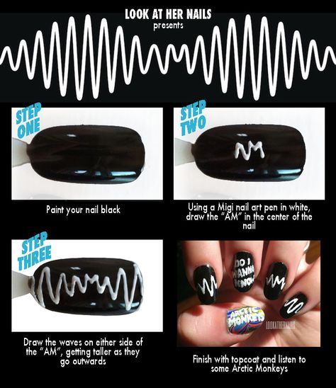 Arctic monkeys nail tutorial Arctic Monkeys Nail, Arctic Monkeys Nails, Monkey Nails, Nail Biting Habit, Her Nails, Nail Drawing, Artic Monkeys, Nail Art Pen, Painted Nail Art