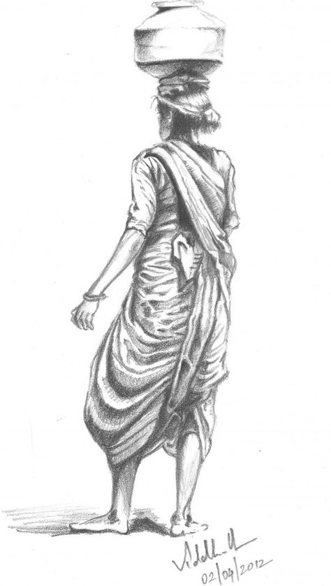 Sketch of an Indian Village woman.. Croquis, People Architecture, Village Drawing, Human Sketch, Abstract Pencil Drawings, Human Figure Sketches, 3d Art Drawing, Village Girl, Human Figure Drawing