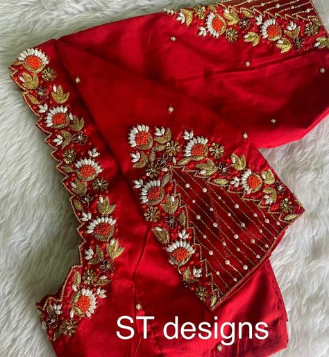 Top Aarai work blouse design unique blouse design ideas (check for more designs) Maggam Work For Lehenga Blouse, Maggam Work Blouse Designs With Net, Magam Work On Red Blouse, Net Blouse Maggam Work Designs, Red Blouse Embroidery Designs, Red Aari Work Blouse Designs, Red Blouse Aari Work Designs, Net Maggam Work Blouses, Red Bridal Blouse