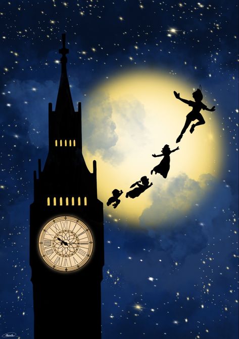 Peter Pan London Skyline, Peter Pan Flying Over London, Disney Wall Murals Diy, Peter Pan Artwork, Peterpan Illustration, Peter Pan And Wendy Fanart, Neverland Art Peter Pan, Peter Pan Background, Peter Pan London