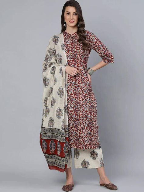 Maroon Cream Flower Print Kurta Suit Set with Dupatta - www.riafashions.com Women Salwar Suit, Readymade Salwar Kameez, Cotton Salwar Kameez, Printed Dupatta, Kurtis With Pants, Printed Kurti, Straight Kurta, Cotton Bottoms, Kurta With Pants