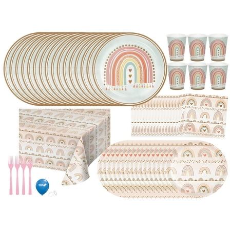 Throw an elegant Boho Rainbow Party with these Boho Rainbow tableware and decorations. Boho Rainbow party supplies are great for Boho Baby Showers and Boho Birthday parties. User for girl parties, boy parties, boy baby showers, girl baby showers, and 1st birthday parties. Size: Table Set for 16.  Color: White. First Birthday Girl Rainbow Theme, Boho 1st Birthday Party Girl, Rainbow First Birthday Party Girl, Boho Birthday Party Girl, Boho Party Table Decor, Onederful Birthday Party Girl, Boho Birthday Decorations, Rainbow Plates, Baby Shower Desserts Girl