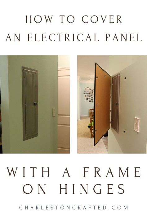 how to cover an electrical panel with a frame on hinges Cover For Breaker Box Diy, Cover Fire Alarm On Wall, Hiding Plugs On Wall, Hidden Wall Access Panel Ideas, Hinge Picture Frame, Hiding Panel Boxes, Hide Plug Sockets Wall, Ideas To Cover Breaker Panel, Hide Circuit Breaker Boxes