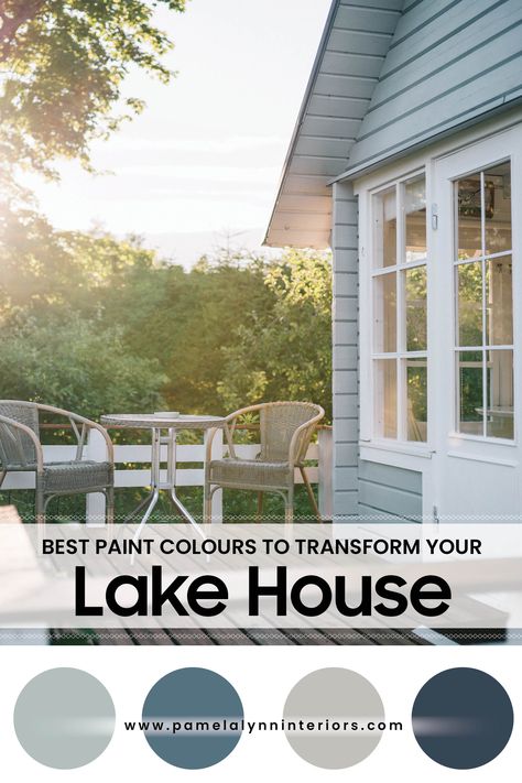 Colour Expert shares her top rated exterior paint colours for your lakehouse, cottage and cabin. Exterior Paint For Lake House, Craftsman Cottage Exterior Colors, Outdoor Cottage Colors Exterior Paint, Lakehouse Siding Ideas, Lake Exterior House Colors, Krypton Exterior Paint, River Cottage Exterior Colors, Bunkie Exterior Colours, Lake House Exterior Paint Colors Coastal