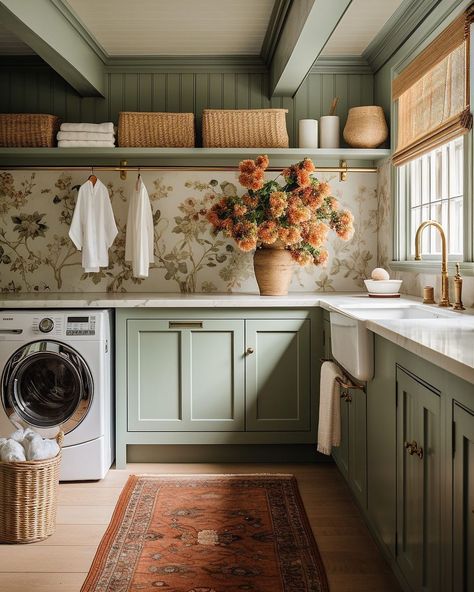 ATLANTA INTERIOR DESIGNER on Instagram: “If this laundry room were any cuter we couldn’t stand it. We were after a warm, cozy, and tastefully colorful laundry space with a bit of a…” Stylish Laundry Room, Green Laundry, Dream Laundry Room, Mudroom Laundry Room, Laundry Room Renovation, Interior Design Per La Casa, Farmhouse Laundry Room, Laundry Room Inspiration, Green Cabinets