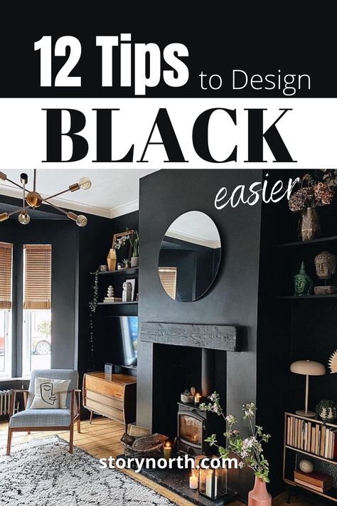 Black Crown Molding Living Room, Art For Black Walls, Black Room With Accent Wall, Black Walls Decor, Decorating A Black Fireplace, Black Interior Walls Living Spaces, Black Walls Small Space, Black Walls In Living Room, Black Wall Interior Design