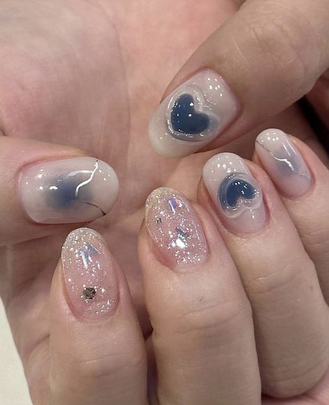 Gel Nail Art For Short Nails, Korean Nails 3d Gel, Blue Nails Inspo Short, Korean Gel Nail Designs Simple, 3dnails Design, 3d Nail Art Short Nails, Korean Gel Nails Simple, 3d Korean Nails, Simple Nail Art Blue