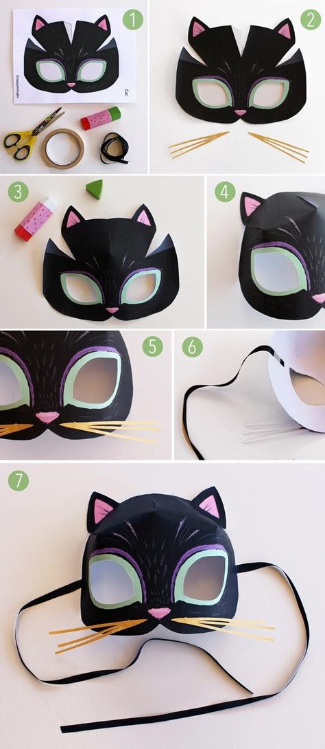 Katzenmaske basteln mit Vorlage zum ausdrucken Animal Mask Templates, Obličejové Masky, Printable Animal Masks, Masks Kids, Mascaras Halloween, Mask Template, Printable Animals, Paper Mask, Cat Mask