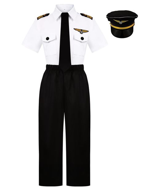 PRICES MAY VARY. Polyester Machine Wash 【Kids Pilot Costume】You’ll receive an airline pilot captain skirt, pilot trousers, pilot hat and a tie with Velcro, a full captain pilot uniform for kids dress up. 【What a Cool Pilot !】Wear the neatly pilot costume, and cool pilot hat, you’ll be a cool pilot that everyone wants to fly in your plane. 【Exquisite Details】The white pilot skirt come with amazing details: nicely embroider epaulets, sturdy buttons, two pockets on front, pilot insignia and a cool tie with Velcro firmly fasten on shirt, each detail explain how nicely this kids pilot costume is! 【Durable & Washable】Made by polyester fabric, the pilot uniform is durable, it can be weared for times until kids grown up. Machine wash is available but cold water please. If it gets wrinkles after wa Career Outfit Ideas, Airline Outfit, Uniform For Kids, Pilot Outfit, Pilot Costume, Captain Costume, Pilot Hat, Pilot Uniform