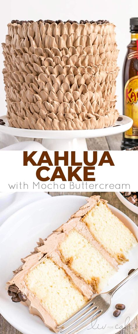 This pretty Kahlua Cake is infused with coffee liqueur & espresso, and adorned with billowy mocha buttercream ruffles. | livforcake.com Mocha Buttercream, Kahlua Cake, Buttercream Ruffles, Kahlua Coffee Liqueur, Coffee Liqueur, Boozy Desserts, Warm Cake, Espresso Powder, Salty Cake