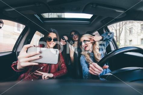 Group of girls having fun in the car and taking selfies with camera on road.. Stock Photos #AD ,#fun#car#Group#girls Car Pics With Friends, Backseat Car Photoshoot, Wolf 359, Girls Having Fun, Friends Group Photo, Woman In Car, Biology Projects, Car Poses, All White Party