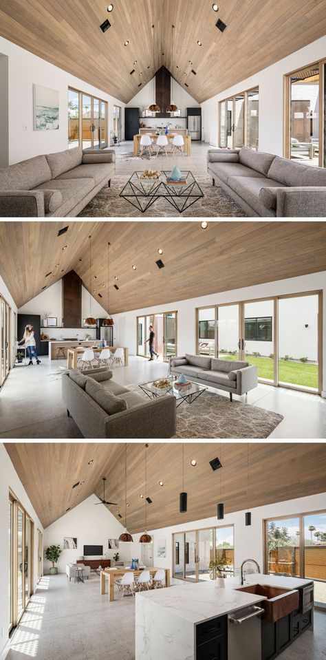 Vorm als basis New Modern House, Vaulted Ceiling Living Room, Open Kitchen And Living Room, Interior Design Images, Modern Barn House, Casa Container, Hus Inspiration, Modern Cabin, Roof Design