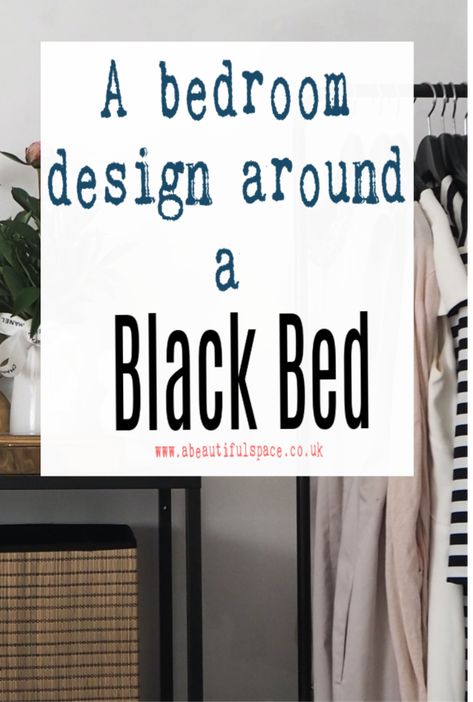 Designing a bedroom around a black bed with r as afocla point in the bedroom or as part of the design...what to consider and what compliments a black metal or black wood bed. Interior design tips to help you make a black bed shine. #blackbedroom #blackbed #bedroomdesign  #abeautifulspace Black Bed With Accent Wall, Black Bed White Dresser Bedroom Ideas, Black Wooden Bed Frame Decor, Master Bedrooms Decor Iron Bed, Farmhouse Black Bedroom Furniture, Bedroom Decor Ideas With Black Furniture, Black Wood Bed Frame Decor, Ikea Black Bedroom Ideas, Dresser With Black Bed Frame