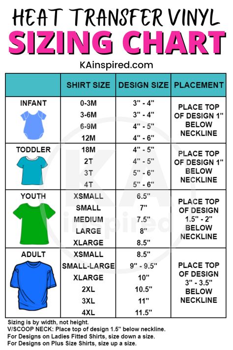 HTV SIZING CHART FOR TSHIRTS Easy Vinyl Shirts, How To Use Heat Transfer Vinyl Cricut, Diy T Shirt Ideas Cricut, Diy Vinyl Shirts Ideas, How To Make A Shirt With Cricut, Iron On Shirt Size Guide, Iron On Vinyl Cricut T Shirts Ideas, Making Shirts With Cricut, Shirt Business Organization