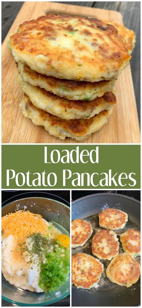 Loaded Potato Pancakes with a crispy fried outside and a gooey cheese inside. An easy and delicious recipe Cheesy Mashed Potato Pancakes, Mashed Potatoe Pancake Recipe, Fried Mashed Potato Patties With Cheese, Deep Fried Potato Pancakes, Loaded Potato Pancakes, Potato Pancakes With Cheese, Cheesy Potato Pancakes Recipe, Loaded Mashed Potato Cakes, Cheesy Potato Patties