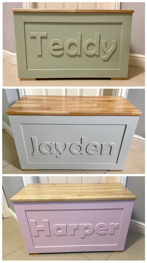 Personalised Toy Box Ideas, Build Toy Box, Wooden Storage Boxes Diy, Toy Chest With Bookshelf, Small Toy Box Ideas, Toy Box With Seat, Wooden Toy Box Makeover, Homemade Toy Chest, Toy Box Paint Ideas