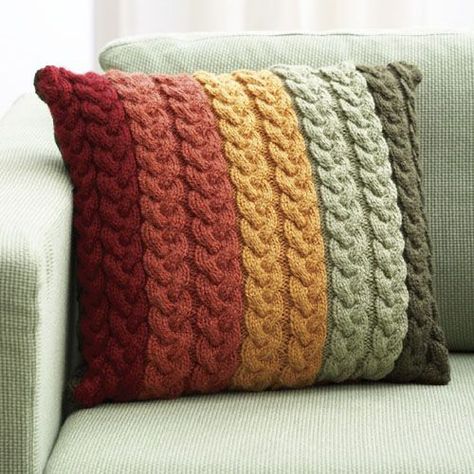 Patons PillowVertical stripes of color combine with cables for a gorgeous effect. Pick colors to suit your living space for easy coordination. The Pattern: Patons Pillow Knitted Cushion Covers, Bantal Sofa, Crochet Cushion Cover, Crochet Pillow Cover, Knitted Cushions, Crochet Pillow Pattern, Crochet Pillows, Knit Pillow, Crochet Cushions