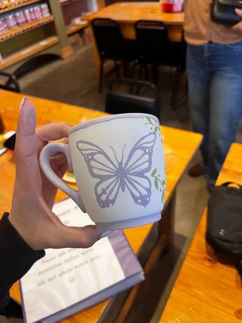 Purple Pottery Painting, Butterfly Pottery Ideas, Butterfly Pottery Painting, Butterfly Pottery Painting Ideas, Pottery Painting Butterfly, Pottery Cup Painting Ideas, Pottery Painting Ideas Mugs, Butterfly Pottery, Cup Painting