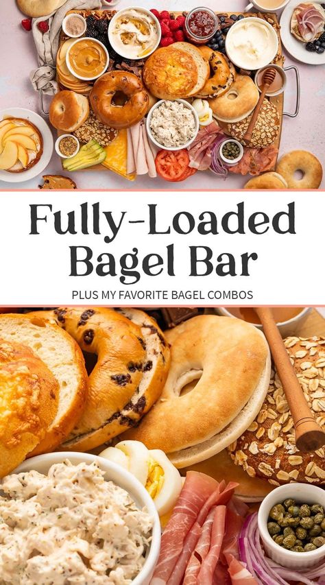 Fully-Loaded Bagel Bar - the Ultimate how to Breakfast Bagel Bar Party Ideas, Bagel Bar Breakfast, Bagels Bar Ideas, Bagels Brunch Ideas, Bagel Bar Ideas Breakfast, Mini Bagel Bar Brunch, Bagel Bar Wedding, Mini Bagel Ideas, Bagel Bar Baby Shower Brunch Party