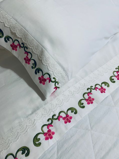 Embroidery Designs For Bedsheets, Bedding Embroidery, Embroidered Sheets, Monogram Bedding, Flannel Bed Sheets, Moss Green Color, White Bed Sheets, Embroidery Blue, Designer Bed Sheets