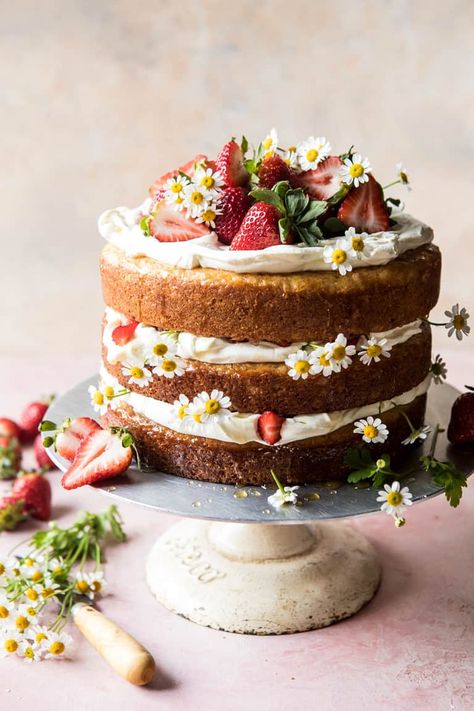 Strawberry Chamomile Naked Cake. - Half Baked Harvest Birthday Cakes, Tårta Design, Half Baked Harvest, Cake Boss, Round Cake Pans, Easter Cakes, Food Cakes, Pretty Cakes, Cute Cakes