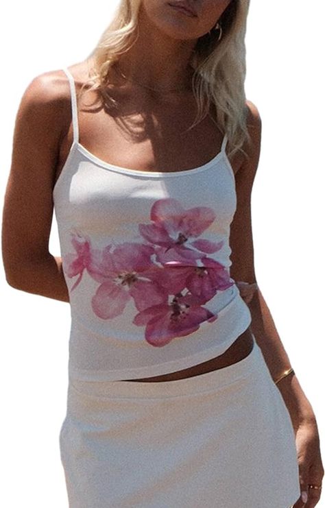Y2k Floral Print Tank Top for Women Sexy Sleeveless Spaghetti Strap Cami Slim Fit Crop Tops Scoop Neck Backless Off Shoulder Camisole Aesthetic Going Out Top Summer Streetwear (A-White, L) at Amazon Women’s Clothing store Y2k Lace Cami, Going Out Crop Tops, Fairycore Clothes, Summer Office Wear, Black Strapless Jumpsuit, Cute Vacation Outfits, Dress Elegant Long, Slim Vest, Vest Crop Top