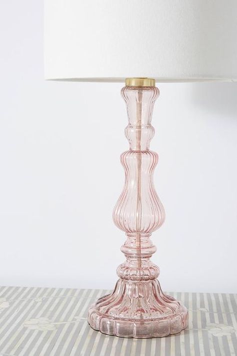 Lighting - Beautiful Eva fluted glass lamp base is featured in a blush colors with brushed gold finish. Cottage Bedrooms, White And Gold Room Decor, Glass Lamp Base, Pink Lamp, Lamps Bedroom, College Room, Interior Colour, Rustic Lamps, Flute Glass