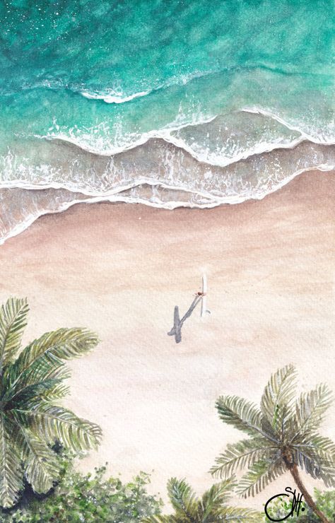 Watercolour inspired by those tropical wave adventures and balmy evening surf sessions....#art #saloha #tropical #surf #ocean #palmtrees #aerial #beach #tropical #seashore #painting #seascape #watercolour #watercolor Seashore Watercolor Paintings, Ocean Art Inspiration, Tropical Beach Watercolor, Watercolour Painting Ocean, Watercolor Surf Art, Aerial Ocean Painting, Tropical Watercolor Art, Beach Ocean Painting, Beach Artwork Painting