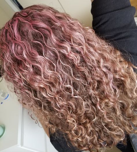 Rose Gold Short Curly Hair, Blonde Curly Hair Pink Highlights, Rose Gold Highlights Curly Hair, Blonde Curly Hair With Pink Highlights, Pink Highlights In Blonde Hair Curly, Summer Hair Color Curly, Curly Pink Highlights, Pink Highlights In Brown Curly Hair, Pink Highlights In Curly Hair