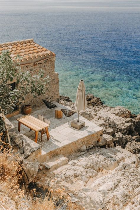 Monemvasia, Greece 2021 @byalexandravotsis — #monemvasia #greece #monemvasiagreece #seaside #greecephotography #greecephoto #greecewallart #greecehomedecor #greeklandscape #europe #fineartphotoraphy #travelphotography #greek #greekhistory #offthebeatenpath Greek Mountain House, Greece House Aesthetic, Greece Bedroom Aesthetics, Greek House Aesthetic, Greece Beach House, Greek Beach House, Greek Inspired Home, Greek Cottage, Croatian House