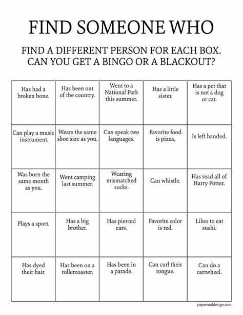 Find someone who bingo game. Find a different person for each box and try to get a bingo or a blackout. #papertraildesign firstdayofschoolideas #schoolideas #backtoschoolideas #backtoschool #teamactivities Find Someone Who Scavenger Hunt, Getting To Know You Bingo Ice Breakers, Find A Person Who Game, Grade 4 Ice Breakers, Find Someone Who Icebreaker, Bingo Ice Breaker Getting To Know, People Bingo Printable, Kids Jeopardy Game Questions, Highschool Ice Breaker Games