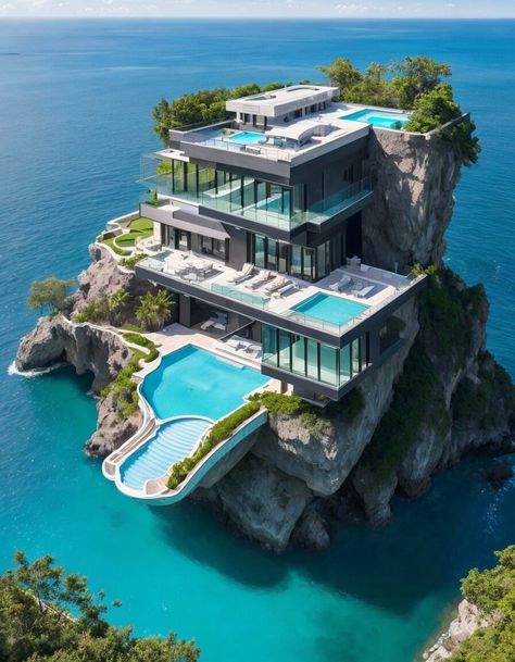 Welcome to the ultimate dream mansion! Overlooking a sky view with a waterpark, tennis court and gigantic pool, this glass-enclosed mansion is a paradise. Jump off the diving board into the pool and explore the private beach below the cliff. #luxuryhome #mansion #homegoals #privatebeach #luxurylifestyle #dreamhome #waterpark #glasshouse #cliffview #divingboard #tenniscourt #poolgoals #backyardgoals Tennis Court Mansion, Mansion In The Countryside, Cool Mansions Dream Homes, Billionaire Houses Mansions, Gigantic Mansion, Mansions Inside, Ocean Mansion, Modern Beach Mansion, Beachside Mansion