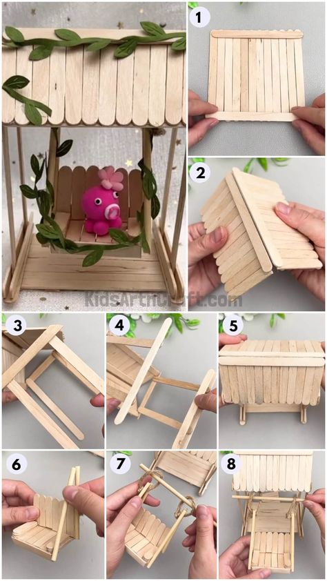 Beautiful Swing Popsicle Stick Craft Tutorial For Kids Check more at https://www.kidsartncraft.com/swing-popsicle-stick-craft-tutorial/ Cool Crafts With Popsicle Sticks, Cool Things To Do With Popsicle Sticks, Craft Ideas With Sticks, Popsicle Stick Picnic Table, Small Popsicle Stick Crafts, Popsicle Stick Crafts Bridge, Popsicle Stick Mini Furniture, Lollipop Sticks Craft Ideas, Dollhouse Popsicle Sticks