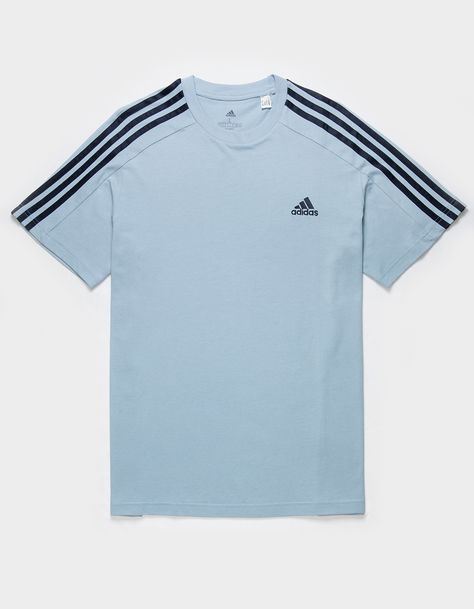 Adidas Essentials 3-Stripe Tee. Adidas Trefoil Logo Embroidered At Left Chest. 3-Stripes Down The Shoulders. Ribbed Crew Neckline. Short Sleeve. 100% Cotton. Machine Wash. Imported. T Shirts Men Fashion Style, Colorful Graphic Tees, Good School Outfits, Sport Clothes Men, Summer Outfits Shirt, Vintage Male Outfits, Off The Shoulder Tshirt, Adidas Shirt Outfit, Graphic Long Sleeve Tees